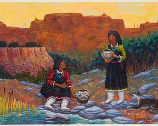 1011 David Paul Bradley (b. 1954, Chippewa) "New Mexico Sunrise," 1989 Acrylic on paper mounted to paper Signed, dated, and inscribed lower right: David P. Bradley / © 89; signed and dated again, as well as titled and inscribed, all on a remnant of the former backing paper: David P. Bradley / © / "New Mexico Sunrise" Image/Sheet: 14 3/4 x 21 1/8 in.; Mount: 18 1/4 x 24 1/8 in. Estimate: $3,000 - $5,000