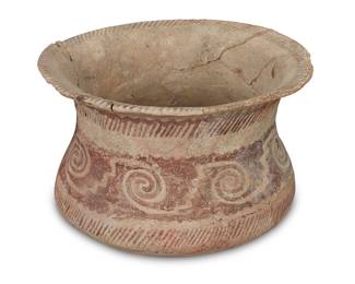 1027 A Hohokam red on white pottery jar 8th-15th century CE Painted with red bands of hash marks centering a band of repeated swirling and stepped motifs on white buff slip ground Height 5 3/4 in., width 8 3/8 in., depth 8 1/4 in. Estimate: $400 - $600
