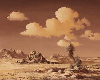 1344 Thomas L. Lewis (1907-1978) New Mexican desert landscape in sepia tones, 1953 Oil on canvas Signed, dated, and inscribed lower left: Thos. L. Lewis / '53 / Taos 16 x 20 in. Estimate: $400 - $600