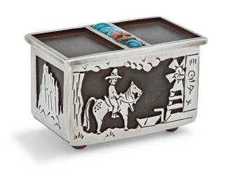 1350 Kenneth "Ken" Peshlakai (20th/21st century, Diné [Navajo]) A diminutive sterling silver and mixed metal lidded box with pictorial silver overlay featuring figures and animals in a landscape, and with a row of channel set turquoise and coral to the lid Stamped to base for artist and for sterling 2 pieces Overall height 1 1/2 in., width 2 1/4 in., depth 1 1/4 in. 80.1 grams gross Estimate: $600 - $900