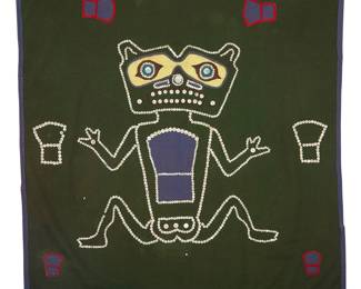 1141 A Northwest Coast button blanket 20th century Featuring a large central stylized grizzly bear figure with seven shield-shaped 'Copper' motifs, most outlines worked in mother-of-pearl buttons, the bear with polychrome painted eyes and features, and all on a green wool blanket with blue and red wool trim to edges 5 x 5 ft. 1 in. approximately Estimate: $700 - $900