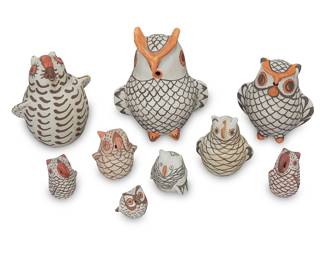 1057 Nine Puebloan pottery owls Mid/late 20th century Nine works: Nellie Bica (1905-1998, Zuni Pueblo) Two polychrome pottery owls Each marked in slip to base: N.B. Zuni 2 pieces Larger height 2 1/4 in., width 1 5/8 in., depth 1 5/8 in. A group of Acoma and Zuni zoomorphic polychrome pottery owls Variously marked: M. Carrillo '91 / R Chavez; two further marked Acoma N.M. 7 pieces Largest height 5 1/2 in., width 4 3/4 in., depth 3 3/4 in.; smallest height 1 3/8 in., width 1 5/8 in., depth 1 1/2 in. 9 pieces total Estimate: $500 - $700