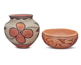 1062 Two Pueblo polychrome pottery vessels Mid-20th century Comprising a Santo Domingo jar with red and black floral motifs on white slip ground above a terracotta wash and puki indentation, and a Hopi yellowware bowl with red and brown band of figurative geometric motifs on cream slip ground 2 pieces Height of jar 8 in., diameter 9 1/2 in.; height of bowl 4 1/8 in., diameter 9 1/4 in. Estimate: $400 - $600