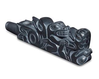 1139 Earl Jones (b. 1949, Haida) A carved argillite pipe, late 20th/21st century; British Columbia The small pipe depicting two eagles and two bears Signed and titled to underside: Earl Jones / Haida, B.C. Height 2 in., width 1 in., depth 7 1/4 in. Estimate: $400 - $600