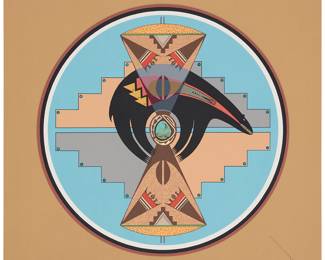 1003 Tony Da (1940-2008, San Ildefonso Pueblo) "Fetish Bear," 1995 Screenprint in colors and turquoise stones on paper Edition: 12/150 Signed with initials and numbered "12-150" in pencil in the lower sheet corners: TDA Image/Sheet: 21 1/8 x 21 in. Estimate: $1,200 - $1,800