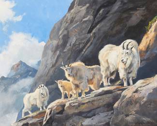 1238 Luke Frazier (b. 1970) "On Granite Cliffs," 2012 Oil on Masonite Signed lower right: L. Frazier, dated upper right: ©12; signed and dated again, and titled, all on an artist's label affixed verso; titled again on a frame plaque 30 x 36 in. Estimate: $5,000 - $7,000