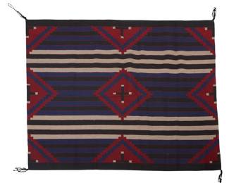 1291 A Diné (Navajo) third phase chiefs-style weaving Second half 20th century, attributed to Priscilla Warren (20th century, Diné) Woven in in dark gray, red, light gray, and blue wool with contrast striped banding and stepped diamonds with central crosses 6 ft. x 4 ft. 9 in. approximately Estimate: $800 - $1,200