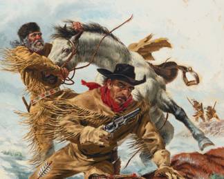 1184 Thomas Beecham (1926-2000) "Terror on the Plains," cover illustration for the December issue of "Fury" magazine, 1957 Oil on board Signed lower right: Beecham; with the artist's name, title of the magazine, "Fury," issue date, "December 1957," and inscribed "Vol. 22 Nig," all in ink, verso; titled "Terror on the Plains" on an auction label affixed to the frame's backing paper 17 1/2 x 13 3/4 in. Estimate: $600 - $800