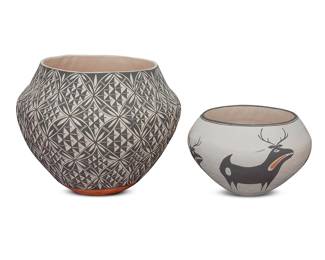 1051 Two Acoma Pueblo polychrome pottery jars Two works: Loretta Garcia (b. 1956) An olla jar with black on white repeating geometric motifs above a terracotta wash and puki indentation Signed to underside: Acoma / L. Garcia Height 8 in., diameter 10 1/2 in. Carla Garcia (20th century) A jar with four red and black heartline deer on white slip ground Signed to underside: Carla, Garcia / Acoma / N.M Height 5 1/8 in., diameter 7 5/8 in. 2 pieces Estimate: $300 - $500