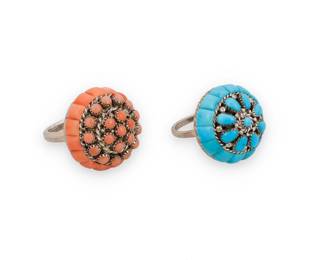 1358 Lee & Mary Weebothee (1927-2015 & 1934-1995, Zuni Pueblo) Two sterling silver cluster-set domed rings with cobblestone inlay, one in turquoise, and one in pink coral Each stamped: Lee/Mary [script] / Zuni 2 pieces Ring sizes 6 & 5 1/2 18.2 grams gross Estimate: $200 - $400
