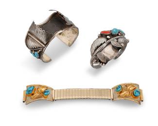 1414 Three Southwest sterling silver watch cuffs and band Three works:  Phil Chapo (20th century, Diné [Navajo]) An asymmetrical leaf motif watch cuff with set turquoise, coral, and applied silver feather overlay and ball accents Stamped for artist 6 in. total inner C x 1 1/2 in, including a 7/8 in. gap  A chunky sterling silver shaped tapered watch cuff with six set turquoise stones, as well as a likely Willie Haley (20th century, Diné [Navajo]) watch band with sterling silver and 12K gold-filled strap ends with set turquoise and applied feather accents Cuff stamped: W C / Sterling; band ends stamped: Sterling; one further etched: 12-KGF-ON / Willie Haley 2 pieces Cuff 7 in. total inner C x 1 1/2 in., including a 1 3/8 in. gap; band ends 1 1/8 x 1 1/2 in.  3 pieces total 133.5 grams gross Estimate: $300 - $500