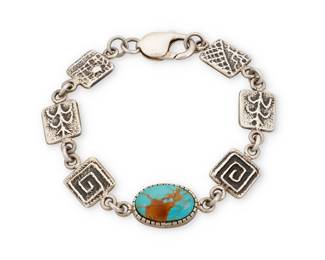 1357 Harold Lovato (1954-1997, Kewa [Santo Domingo]) A delicate sterling silver link bracelet with a set turquoise link and sandcast links featuring corn stalks, maze swirls, and Pueblo motifs Stamped; HL [conjoined; with cornstalk] 7 1/2 x 1/2 in. 22.2 grams gross Estimate: $300 - $500