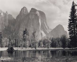 1204 After Ansel Adams (1902-1984) "Cathedral Spires and Rocks, Late Afternoon, Yosemite National Park, California," one plate from "Yosemite Special Edition Photographs," 1949 Gelatin silver print on paper mounted to board, as issued From the edition of unknown size, printed later by Alan Ross from Adams' original negative under his supervision Unsigned, as issued; with the "Special Edition Photographs of Yosemite by Ansel Adams" black ink stamp including the title, printer's credit, and printer's initials in ink, all on the verso of the mount Sight: 7 1/4 x 9 1/4 in. Estimate: $600 - $800