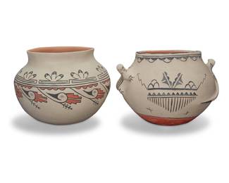 1058 Two Pueblo polychrome pottery jars Two works:  Ignacia Duran (1921-2011, Tesuque Pueblo) A polychrome olla jar decorated with a red and black band of repeating feathers, corn stalks, and stepped motifs on white slip ground Signed in slip to underside: Ignacia Duran / [indistinct / "que"] Pueblo Height 6 7/8 in., diameter 9 1/4 in.  Juanita Arquero (b. 1906-n.d., Cochiti Pueblo) A polychrome pottery lizard effigy jar, 1968 With opposed lizards in relief, painted with black storm/raincloud motifs to body beneath cloud banding to rim, on white slip ground Signed and dated to underside: Juanita C. Arquero / Cochiti / [indistinct] / 9-27-68; with initials to body: J.C.A. Height 6 1/2 in., width 10 3/4 in., depth 9 in.  2 pieces Estimate: $300 - $500