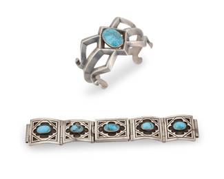 1374 Two Southwest sterling silver and turquoise bracelets Mid/late 20th century Comprising a Diné (Navajo) sand-cast openwork cuff centering an oval turquoise cabochon, as well as a sterling silver graduated link watch band bracelet, each link set with an oval turquoise cabochon Band stamped: JB [conjoined, possibly for John G. Begay (Diné, 20th century)] 2 pieces Cuff 6 3/4 in. total inner C x 1 5/8 in., including a 1 3/8 in. gap; watch band 6 x 1 in. 138.0 grams gross Estimate: $800 - $1,200