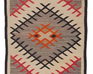 1230 A Diné (Navajo) regional rug First half 20th century Woven in mottled grey/brown, dark brown, tan, red, cream, black, and orange wool with wool warps, featuring multicolored central concentric hatched diamond motifs and banded borders 4 ft. 9 in. x 3 ft. approximately Estimate: $500 - $700