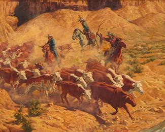 1181 Ernest Tonk (1889-1968) "The Rustlers" Watercolor and gouache on paper Signed lower right: Ernest Tonk; titled on the frame plaque Sight: 19 1/8 x 25 1/8 in. Estimate: $1,000 - $1,500