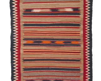 1279 A Diné (Navajo) double saddle blanket Second half 20th century Woven in black, red, grey, dark blue, and orange wool with multiple serrated-end bands and a zigzag border to long sides 5 ft. 2 in. x 2 ft. 9 in. approximately Estimate: $500 - $700