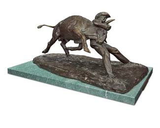 1187 Clemente Spampinato (1912-1993) "Bulldogging Spread Legs," 1955 Patinated bronze on stone plinth Signed, dated, and titled in the casting: CLEM SPAMPINATO © / N.Y. Height of bronze 10 1/2 in., width 23 in., depth 13 1/4 in.; height overall 11 3/4 in., width 24 1/4 in., depth 14 in. Estimate: $1,500 - $2,500