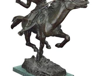 1186 Clemente Spampinato (1912-1993) "The Gunslinger," 1953 Patinated bronze on stone plinth Signed and dated in the casting: CLEM SPAMPINATO / NY Height of bronze 22 1/2 in., width 26 in., depth 13 in.; height overall 23 1/2 in. Estimate: $1,500 - $2,500