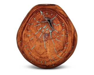 1102 Greg Campbell (b. 1951) A turned olive wood and turquoise jar, 2023 With turquoise in-filling to inherent crevices in the knots of the wood Etched signature and inscription to underside: G. Campbell / 12-23 / Olive / Turquoise Height 7 5/8 in., diameter 7 1/8 in. Estimate: $300 - $500