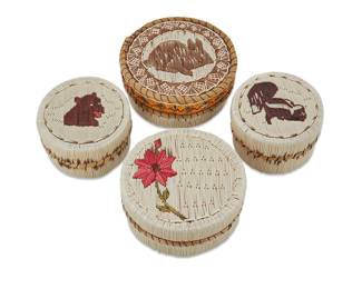 1127 Four Cree porcupine quill pictorial lidded baskets Attributed to Helen Stoneypoint (20th century, Cree) Comprising a group of round birch bark boxes, each with quillwork to the lids and around the bases, trimmed with sweet grass and each featuring various motifs including a rabbit, a bear, a skunk, and a red flower 4 pieces Largest height 1 3/4 in., diameter 4 1/4 in.; smallest height 2 1/8 in., diameter 3 1/4 in. Estimate: $200 - $400