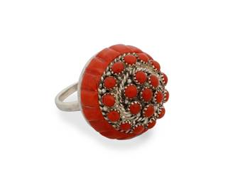 1336 Lee & Mary Weebothee (1927-2015 & 1934-1995, Zuni Pueblo) A sterling silver cluster-set coral domed ring with cobblestone inlay Stamped: Lee/Mary [script] / Zuni Ring size 7; diameter 7/8 in. 10.2 grams gross Estimate: $200 - $400