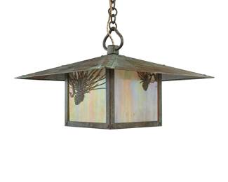 1314 An Arroyo Craftsman Arts & Crafts-style 'Evergreen' ceiling lantern Early 21st century The patinated brass case with iridescent slag glass panels housing a single light, electrified Factory label applied to escutcheon interior Height lantern only 12 in., width 17 1/4 in., depth 17 1/4 in.; height overall 25 1/4 in. Estimate: $300 - $500