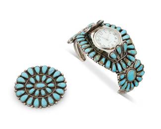 1381 Two Southwest sterling silver and cluster set turquoise jewelry items Two works:  Larry Moses Begay (20th century, Diné [Navajo]) A Zuni-style three-wire petit point turquoise watch cuff with cluster set plaques, with an attached watch face Stamped: LMB / Sterling 6 3/4 total inner C x 1 5/8 in., including a 1 5/8 in. gap  A Zuni-style sterling silver and petit point turquoise oval pendant/brooch Stamped: HB [script] / Sterling 1 5/8 x 1 7/8 in.  2 pieces total 57.0 grams gross Estimate: $300 - $500