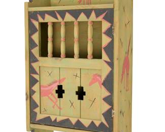 1346 A Santa Fe-style painted wood wall cabinet 1989 Decorated with horses, with stepped gallery above a cabinet door with spindles to front, opening to reveal a single shelf, with wall-mounting hardware verso Signed verso: [artist's device] / INT. LOS RIOS / F.J. Chaboya 89; inscribed to underside: HECHO EN MEXICO Height 28 in., width 15 1/2 in., depth 7 1/2 in. Estimate: $200 - $400
