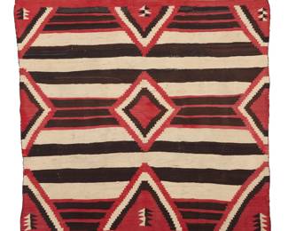 1229 A Diné (Navajo) third phase wearing blanket-style weaving First half 20th century Woven in red, cream, and dark brown wool, with striped banding and stepped diamond motifs to the center and edges 4 ft. 4 in. x 4 ft. 2 in. approximately Estimate: $1,000 - $1,500