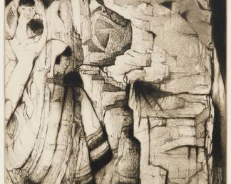 1019 Gene Kloss (1903-1996) "Blessings on San Felipe Day," 1975 Etching and drypoint on Somerset paper An artist's proof, aside from the edition of 75 Signed, titled, and inscribed "Artist's Proof" in pencil in the lower margin: Gene Kloss; inscribed "During the Dance + San Felipe Pueblo, February 2nd annually / young mothers bring their babies for a blessing by the cacique / intaglio (262)" in black ink on a fragment of matboard affixed to the frame's backing paper Plate: 18 x 13 1/8 in.; Sheet: 21 1/2 x 16 in. Estimate: $1,000 - $1,500