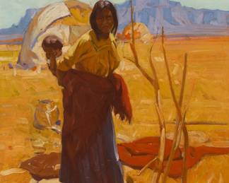 1092 Maurice Logan (1886-1977) "Apache Mother With Child," circa early 1930s Oil on canvas Signed lower right: Maurice / Logan; titled on three gallery labels affixed to the frame's backing board 27 1/2 x 21 in. Estimate: $7,000 - $10,000
