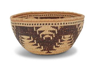 1161 A Pit River polychrome basketry bowl Mid/late 20th century; Northeast California The small twined bowl with zigzag stepped hooked banding and ticking near rim Height 3 5/8 in., diameter 7 to 6 5/8 in. (variable) Estimate: $400 - $600