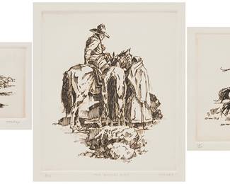 1185 Kim Mackey (b. 1953) Three works: "Round-Up" Etching in brown ink on Somerset paper Edition: 19/30 Signed, titled, and numbered in pencil in the lower margin: Mackey Plate: 3 7/8 x 6 3/8 in.; Sheet: 8 x 10 1/2 in. "The Suitor's Gift" Etching in brown ink on wove paper Edition: 8/25 Signed, titled, and numbered in pencil in the lower margin: Mackey Plate: 7 3/4 x 6 1/2 in.; Sheet: 10 x 12 1/8 in. "Bronc Stomper" Etching in brown ink on wove paper Edition: 13/30 Signed, titled, and numbered in pencil in the lower margin: Mackey Plate: 5 5/8 x 6 1/2 in.; Sheet: 9 3/4 x 10 5/8 in. Estimate: $400 - $600
