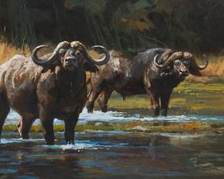 1237 Luke Frazier (b. 1970) "Dugga Boys," 2013 Oil on Masonite Signed and dated along the lower edge at right: L. Frazier; signed and dated again, and titled, all on an artist's label affixed verso; titled again on the frame plaque 24 x 40 in. Estimate: $4,000 - $6,000