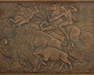 1085 20th Century Western School Buffalo Hunt Patinated bronze plaque Initialed at bottom right: JHA [conjoined] Height 14 in., width 20 in., depth 1 1/4 in. Estimate: $300 - $500
