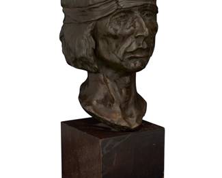 1109 James Gruzalski (b. 1938) Native American bust Verdigris patinated bronze on wood plinth Edition: 4/30 Signed and numbered in the casting: Gruzalski Height of bronze 13 1/2 in., width 7 7/8 in., depth 9 1/8 in; height overall 19 5/8 in. Estimate: $500 - $700