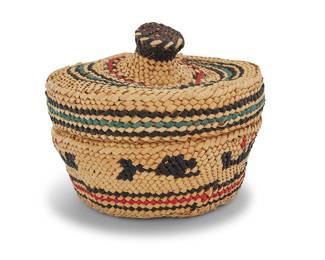 1158 A Nuu-chah-nulth (Nootka) or Makah polychrome lidded basket Mid/late 20th century, Pacific Northwest Coast The small twined basket with polychrome banding to sides featuring figures in boats alternating with fish motifs, and multiple striped bands to knobbed lid Height 3 3/4 in., diameter 4 1/2 in. Estimate: $75 - $125
