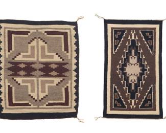 1298 Two Diné (Navajo) regional mats Late 20th century; the smaller attributed to Elise Henderson, Diné, circa 1982 Each variously woven in grey, black, brown, cream, and tan wool with stepped diamonds and other geometric motifs, the larger with a stepped border to each long side 2 pieces Larger 2 ft. 1 in. x 1 ft. 9 in.; smaller 2 ft. 1 in. x 1 ft. 3 in. approximately Estimate: $400 - $600