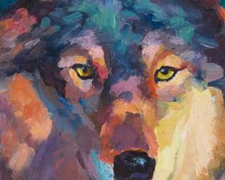 1388 Sarah Webber (21st Century) "Wolf in Blue," 2016 Oil on canvasboard With the incised signature lower left: Sarah Webber; signed again and titled verso; dated on a white tag strung to the frame's hanging wire 8 x 10 in. Estimate: $200 - $300