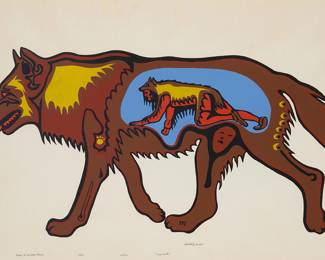 1012 Lloyd Caibaiosai (1947-1975, Ojibway) "Wolf Hunter," 1975 Screenprint in colors on laid paper Edition: 68/100 Signed, titled, dated, numbered, and inscribed, "Printed at Woodland Studio," all in ink in the lower margin: Lloyd Caibaiosai Image: 17 1/2 x 34 in.; Sight: 23 5/8 x 35 3/4 in. Estimate: $150 - $250