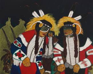 1008 Kevin Red Star (b. 1943, Crow) "Two Hot Dancers" (Crow), 1979 Oil and ink on canvas Signed lower right: Kevin Red Star; signed again, titled, dated "1979," and inscribed "Santa Fe - NMX," all verso 36 x 36 in. Estimate: $5,000 - $7,000