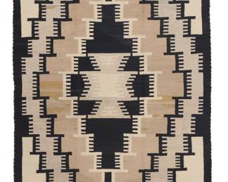 1274 A Diné (Navajo) Two Grey Hills rug Second half 20th century Woven in cream, black, pale grey, tan, and pale pink wool featuring multiple central concentric stepped hatched diamonds with a black band border 5 ft.1 in. x 3 ft. 1 in. approximately Estimate: $500 - $700
