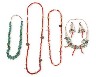 1324 A group of Southwest jewelry Early/mid-20th century Comprising two strands of red glass 'white heart' trade beads set with coins and yellow glass spacers, as well as a single strand necklace of graduated turquoise nuggets, and an early delicate triple-strand festooned turquoise, branch coral, and heishi necklace, strung on cord, and with a pair of matching festoon earrings 5 pieces Necklaces 41 in. to 21 in.; earrings 4 1/4 in. 369.8 grams gross Estimate: $200 - $400