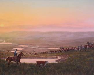 1248 Tom Phillips (1927-2005) Cowboys herding cattle in a Western landscape Watercolor and pastel on paper Signed, dated, and with the artist's tipi device lower right: © 79 Tom Phillips Sight: 26 1/4 x 42 in. Estimate: $1,000 - $2,000