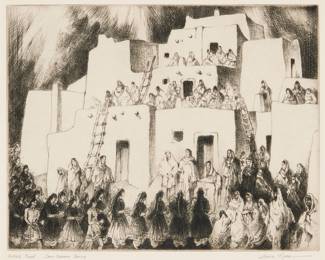 1015 Gene Kloss (1903-1996) "Corn Dancers Coming," 1975 Etching and drypoint on wove paper An artist's proof, aside from the edition of 50 Signed, titled, and inscribed "Artist's Proof" in pencil in the lower margin: Gene Kloss; inscribed "An Inner Courtyard, South House, Taos Pueblo / Etching + Drypoint (25)" in black ink on a fragment of matboard affixed to the frame's backing paper Plate: 11 1/8 x 14 in.; Sheet: 15 1/4 x 18 3/8 in. Estimate: $1,000 - $1,500