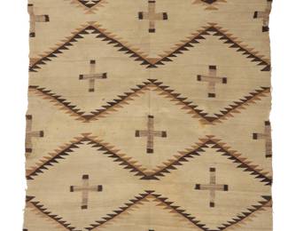 1210 A Diné (Navajo) transitional weaving Late 19th/early 20th century Woven in natural cream, mottled grey, brown and tan wool, featuring sawtooth zigzag bands with multiple floating crosses and striped banding to ends 5 ft. 11 in. x 4 ft. 4 in. approximately Estimate: $400 - $600