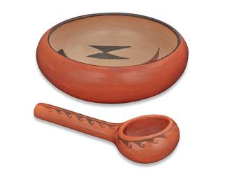 1037 Garnet Pavatea (Flower Girl) (1915-1981, Hopi-Tewa) A redware pottery bowl and ladle Comprising a polychrome bowl with red and black geometric figural motif to interior on white slip ground, with red slip exterior, and a black-on-red ladle Each signed in slip: GARNET PAVATEA 2 pieces Height of bowl 3 3/4 in., diameter 10 3/4 in.; length of ladle 9 5/8 in., width 3 3/4 in. Estimate: $400 - $600
