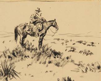 1250 Attributed to Frank B. Hoffman (1888-1958) A cowboy on horseback smoking Ink on tissue paper laid to board Appears unsigned Sight: 7 7/8 x 9 7/8 in. Estimate: $400 - $600